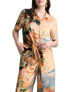 Scenic Print Silk Shirt in Coastal Scenic Print