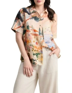 Scenic Print Linen Shirt in Coastal Scenic Print