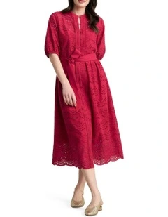 Cotton Broderie Dress in Brick Red