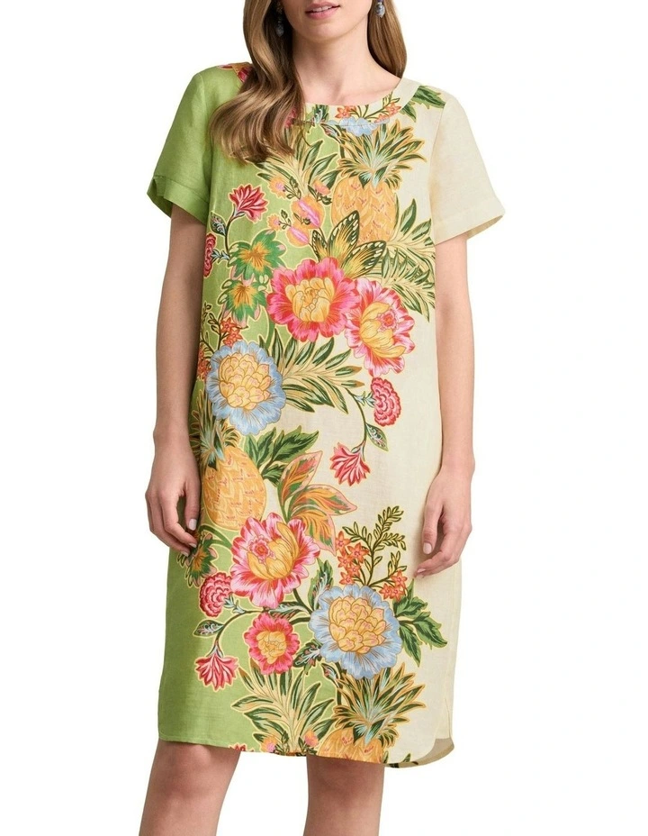 Printed French Linen Dress in Tropical Placement image 1