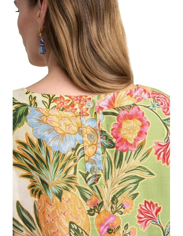 Printed French Linen Dress in Tropical Placement image 3