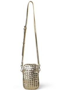 Woven Leather Phone Bag in Gold