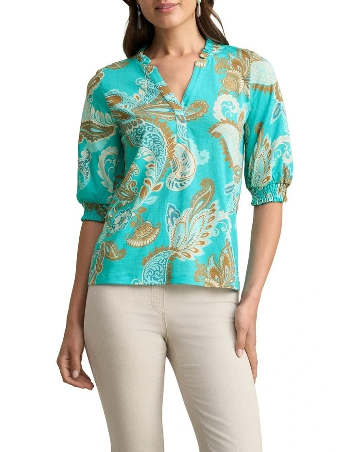 Vivid Paisley Print Frill Detail T-shirt in Blue image 1