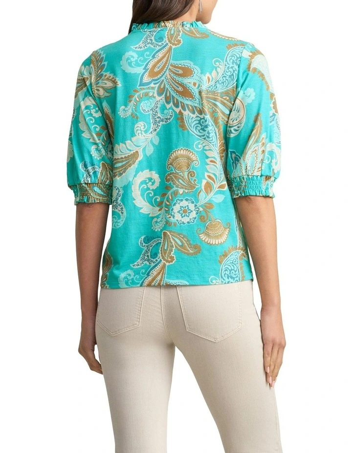 Vivid Paisley Print Frill Detail T-shirt in Blue image 4