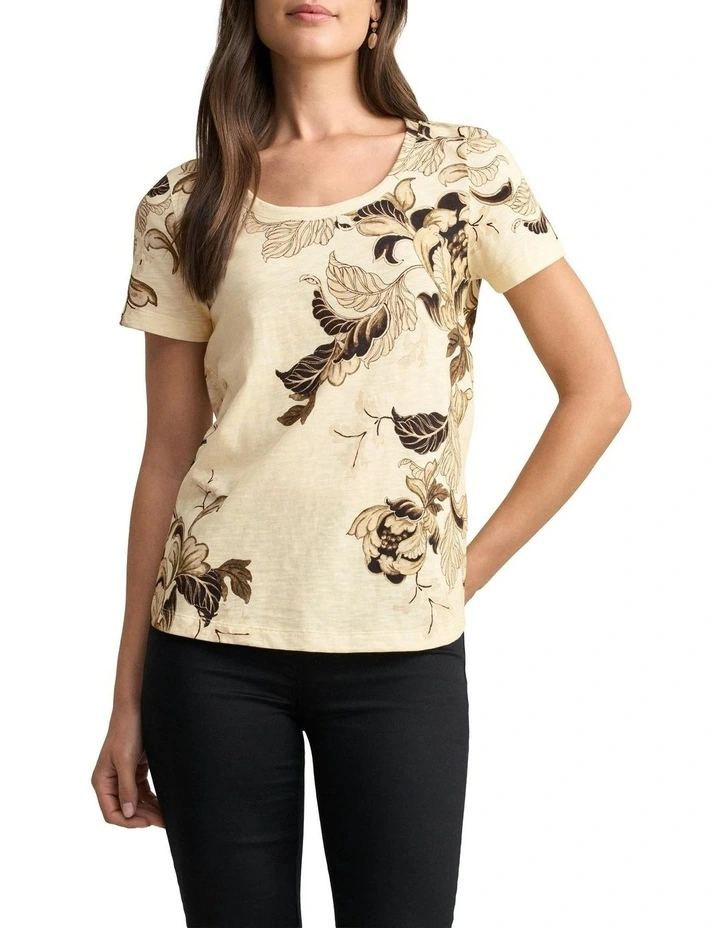 Organic Cotton Slub Foliage Print T-Shirt in Cream image 1