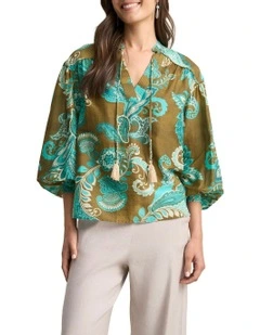 Statement Paisley Cotton Silk Blouse in Green