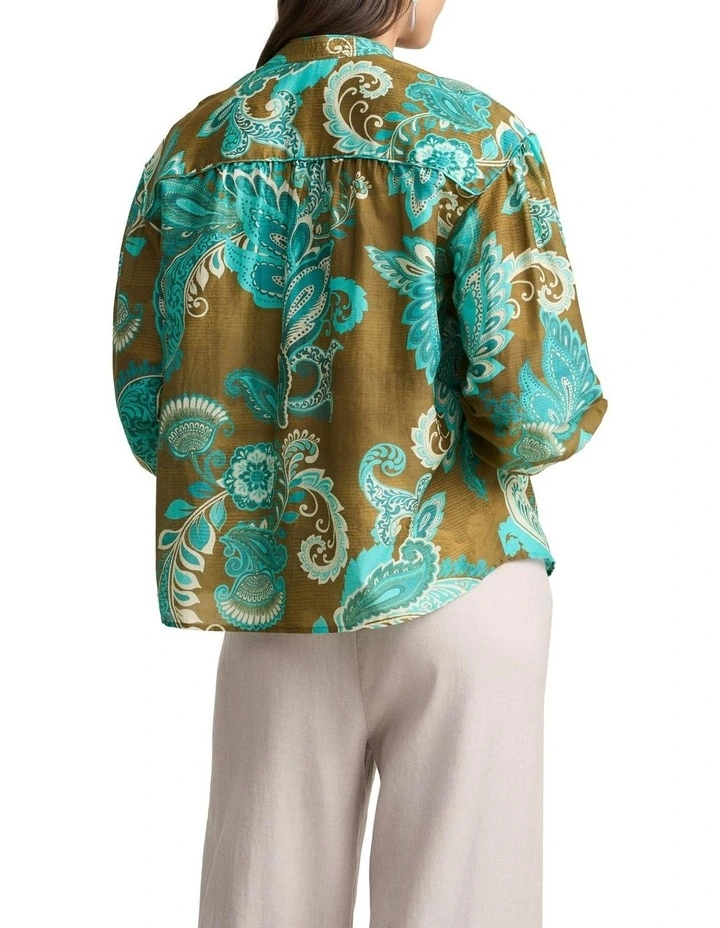 Statement Paisley Cotton Silk Blouse in Green image 4