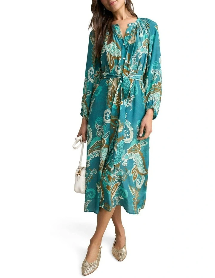 Gathered Trapeze  Vivid Paisley Print Dress in Blue image 1