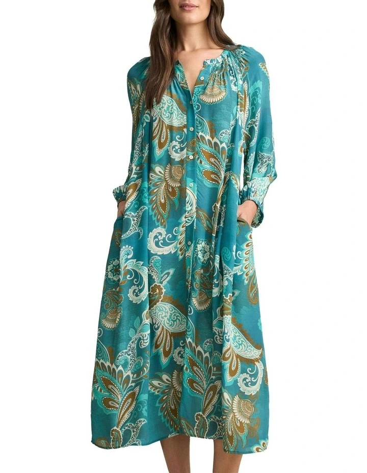 Gathered Trapeze  Vivid Paisley Print Dress in Blue image 3