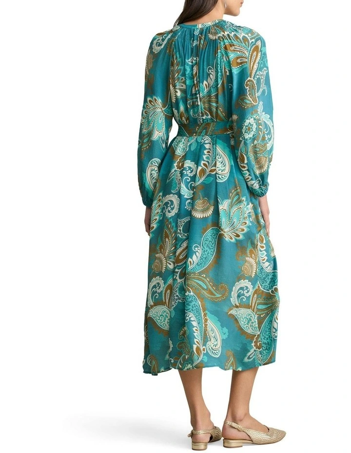Gathered Trapeze  Vivid Paisley Print Dress in Blue image 4