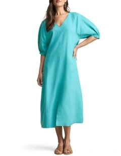 Raglan Sleeve Linen Dress in Aqua Blue