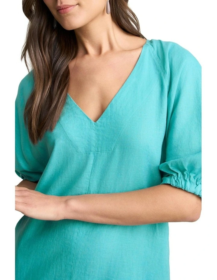 Raglan Sleeve Linen Dress in Aqua Blue image 3