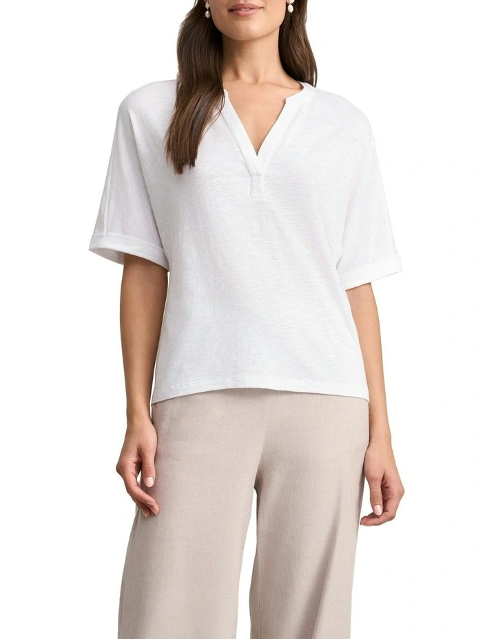 Notch Neck Half Sleeve T-shirt in White image 1