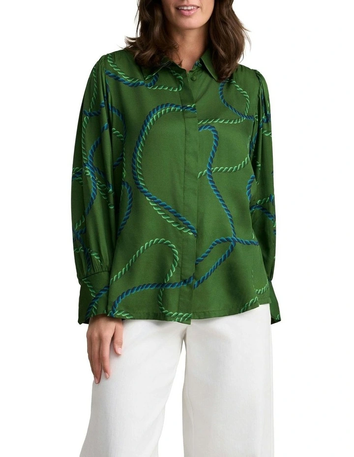 Blouson Sleeve Rope Printed Shirt in Green image 1