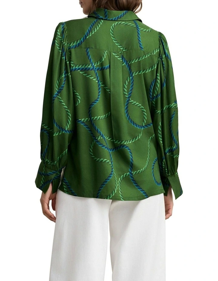 Blouson Sleeve Rope Printed Shirt in Green image 2