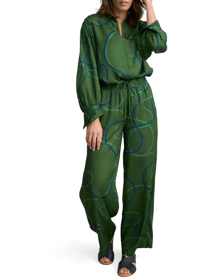 Blouson Sleeve Rope Printed Shirt in Green image 3