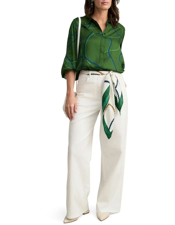 Blouson Sleeve Rope Printed Shirt in Green image 4