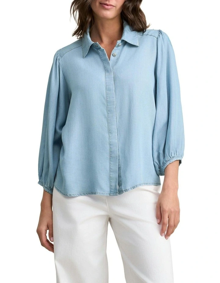 Chambray Puff Sleeve Shirt in Blue image 1