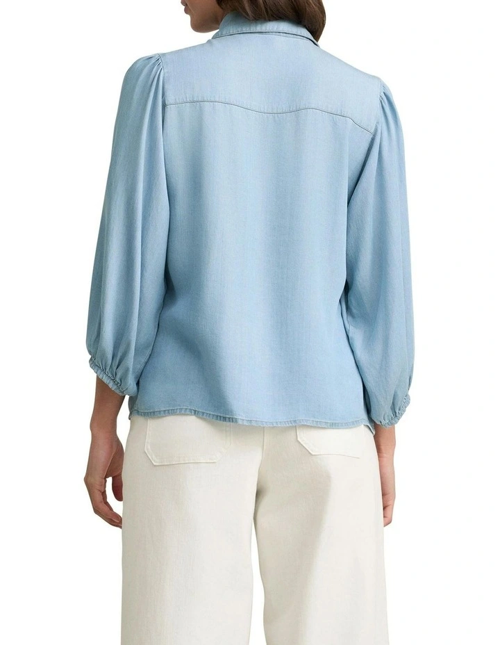 Chambray Puff Sleeve Shirt in Blue image 2