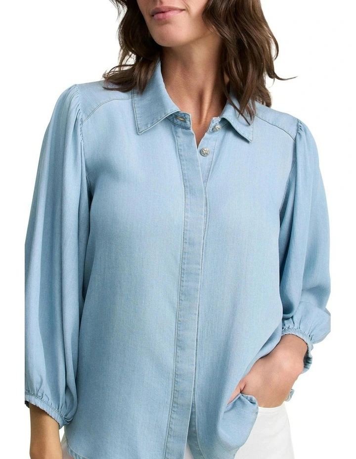 Chambray Puff Sleeve Shirt in Blue image 4