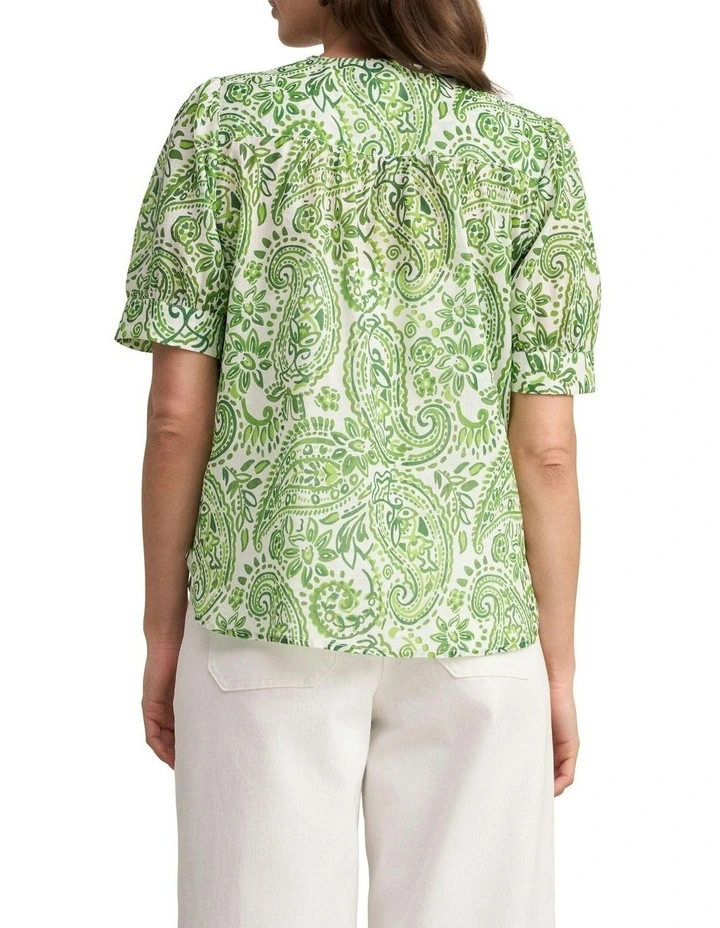 Ramie Cotton Paisley Print Blouse in Green image 2