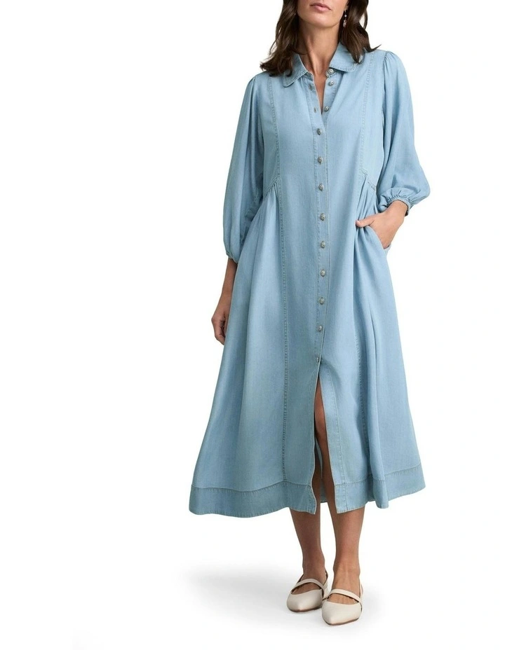 Chambray Puff Sleeve Dress in Blue image 1