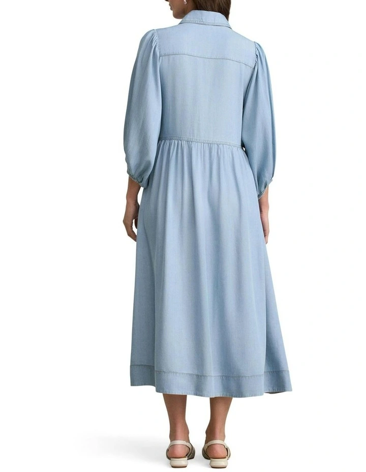 Chambray Puff Sleeve Dress in Blue image 2