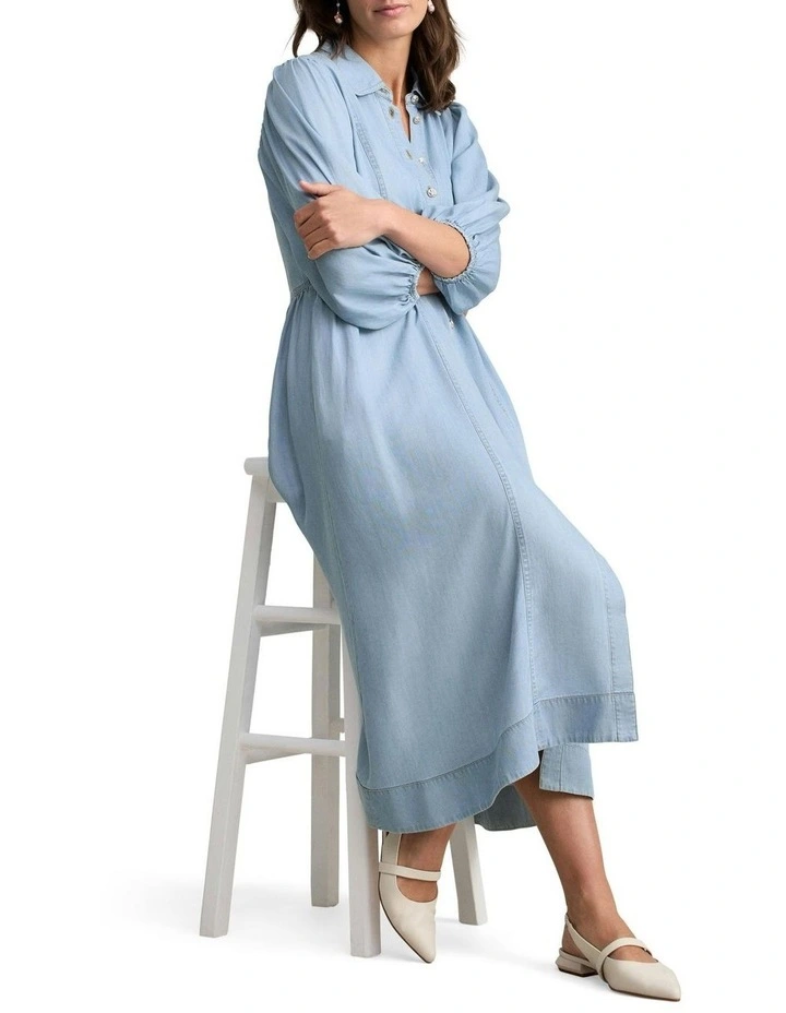 Chambray Puff Sleeve Dress in Blue image 3