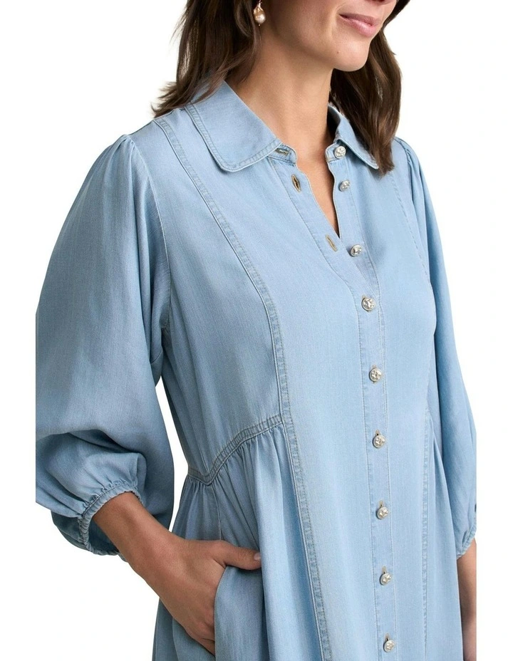Chambray Puff Sleeve Dress in Blue image 4