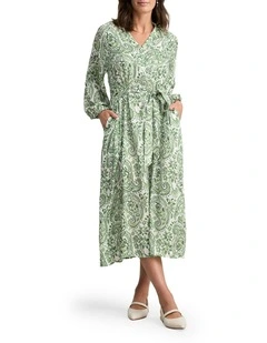 Blouson Sleeve Shift Dress in Green Paisley Print
