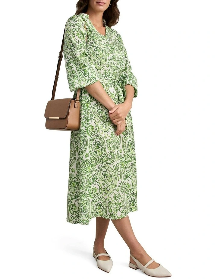 Blouson Sleeve Shift Dress in Green Paisley Print image 4