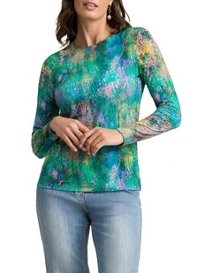 Long Sleeve Crew Neck Top Abstract Monet Print in Green