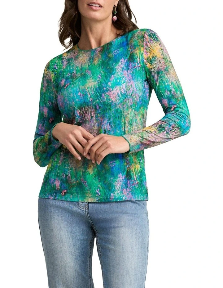 Long Sleeve Crew Neck Top Abstract Monet Print in Green image 1