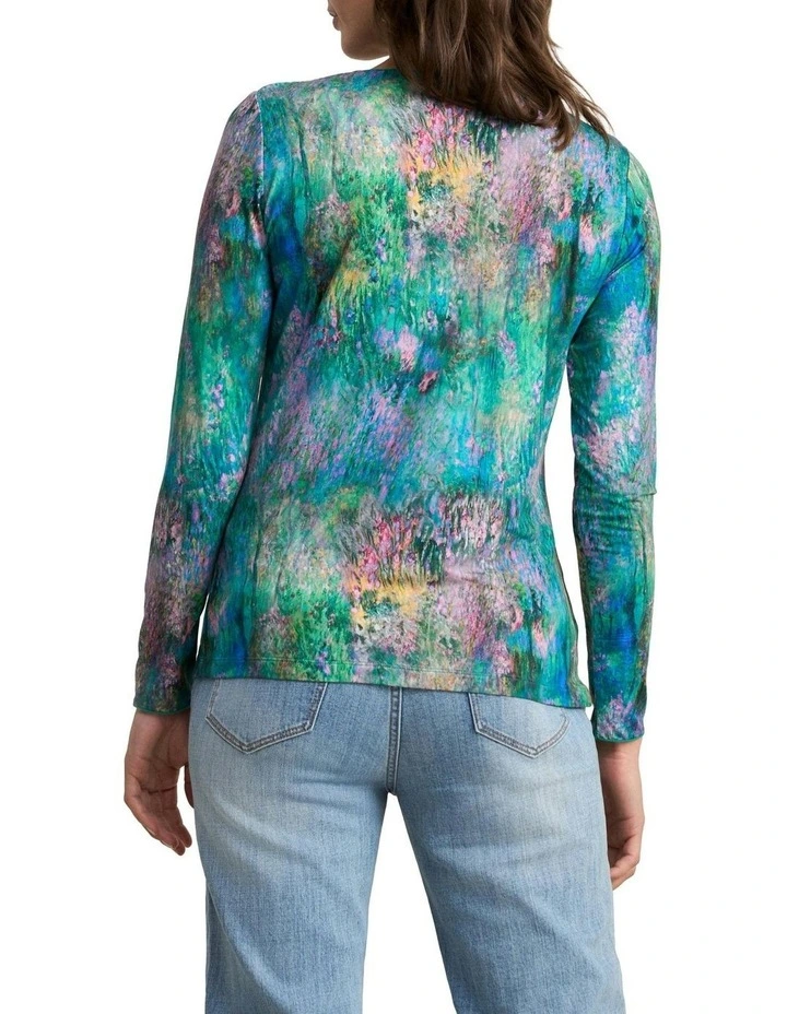 Long Sleeve Crew Neck Top Abstract Monet Print in Green image 2