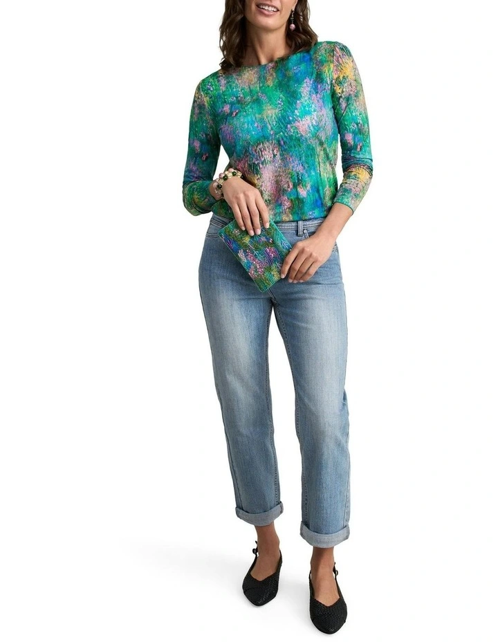 Long Sleeve Crew Neck Top Abstract Monet Print in Green image 3