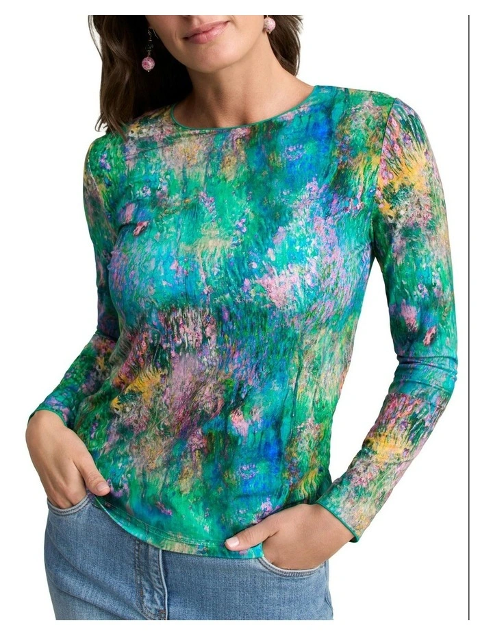 Long Sleeve Crew Neck Top Abstract Monet Print in Green image 4