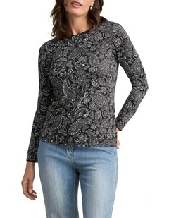 Long Sleeve Delicate Paisley Crew Neck Top in Black