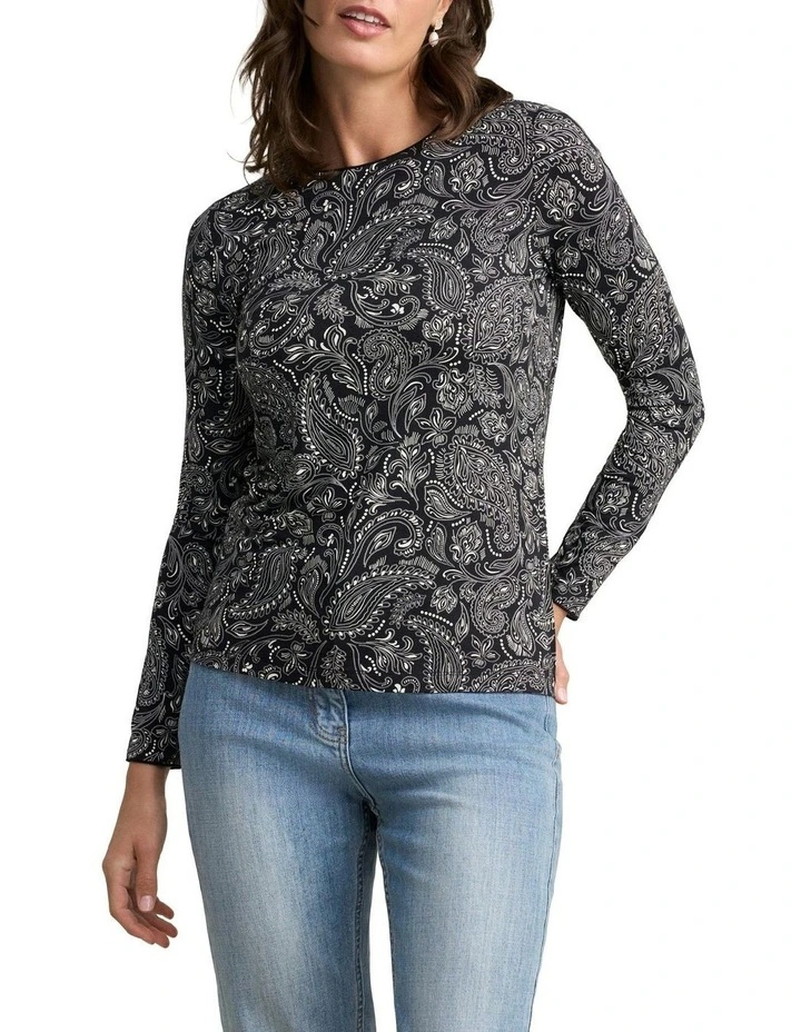 Long Sleeve Delicate Paisley Crew Neck Top in Black image 1