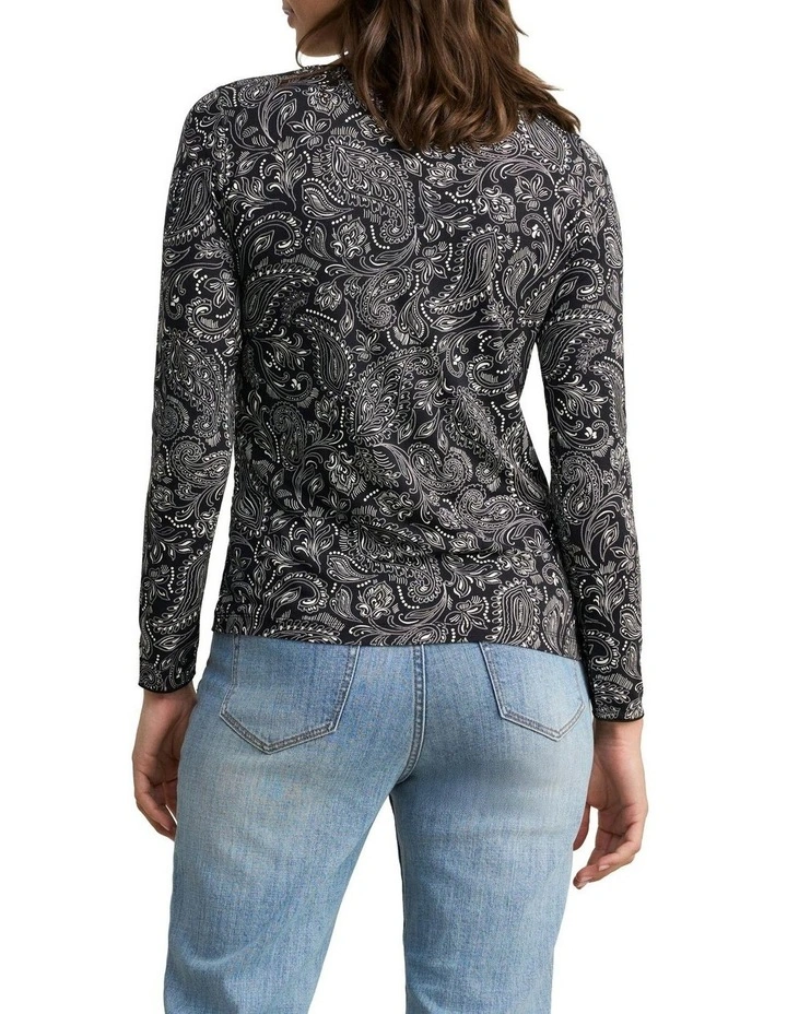 Long Sleeve Delicate Paisley Crew Neck Top in Black image 2