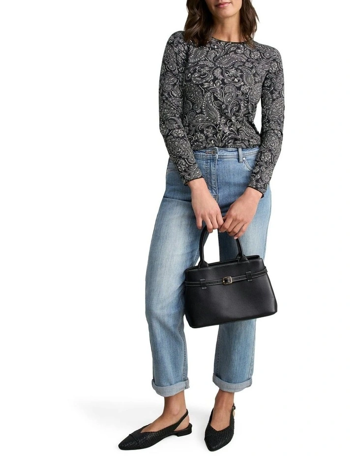 Long Sleeve Delicate Paisley Crew Neck Top in Black image 3