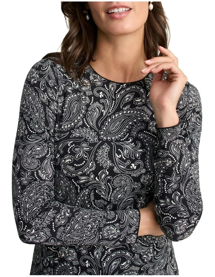 Long Sleeve Delicate Paisley Crew Neck Top in Black image 4