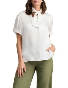 Textured Neck Tie Blouse in White
