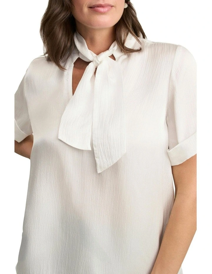 Textured Neck Tie Blouse in White image 4