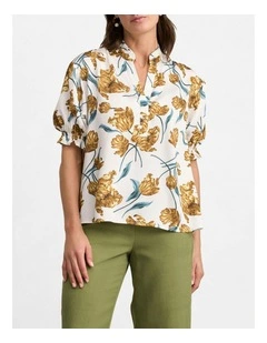 Puff Sleeve Printed Blouse in White