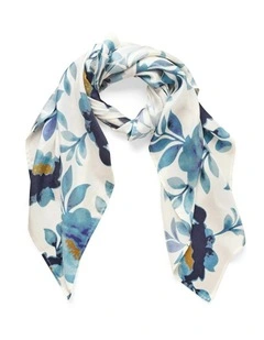 Floral Stamp Silk Scarf in Cobalt