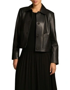 Buttoned Leather Jacket in Black