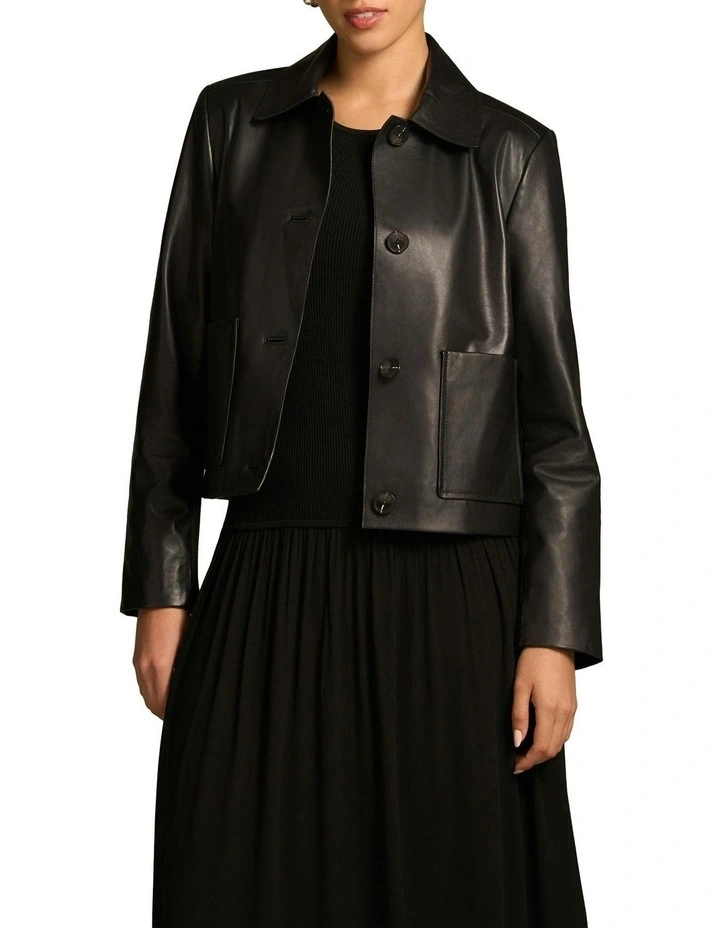 Buttoned Leather Jacket in Black image 1