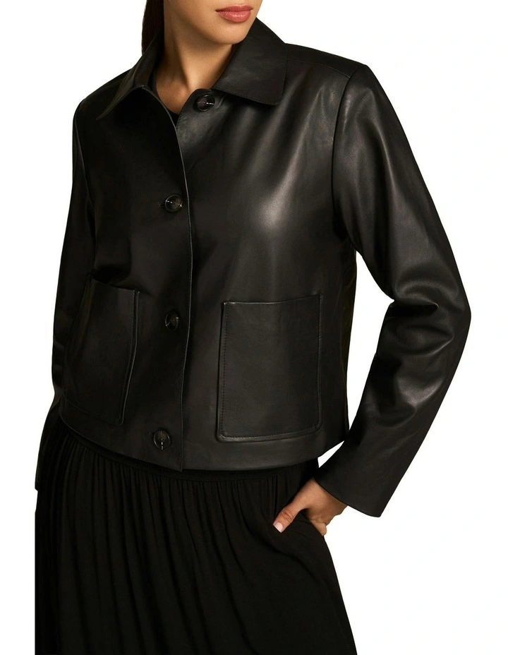 Buttoned Leather Jacket in Black image 4