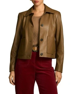Buttoned Leather Jacket in Tan