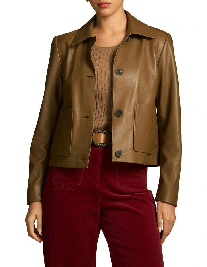 Buttoned Leather Jacket in Tan image 1